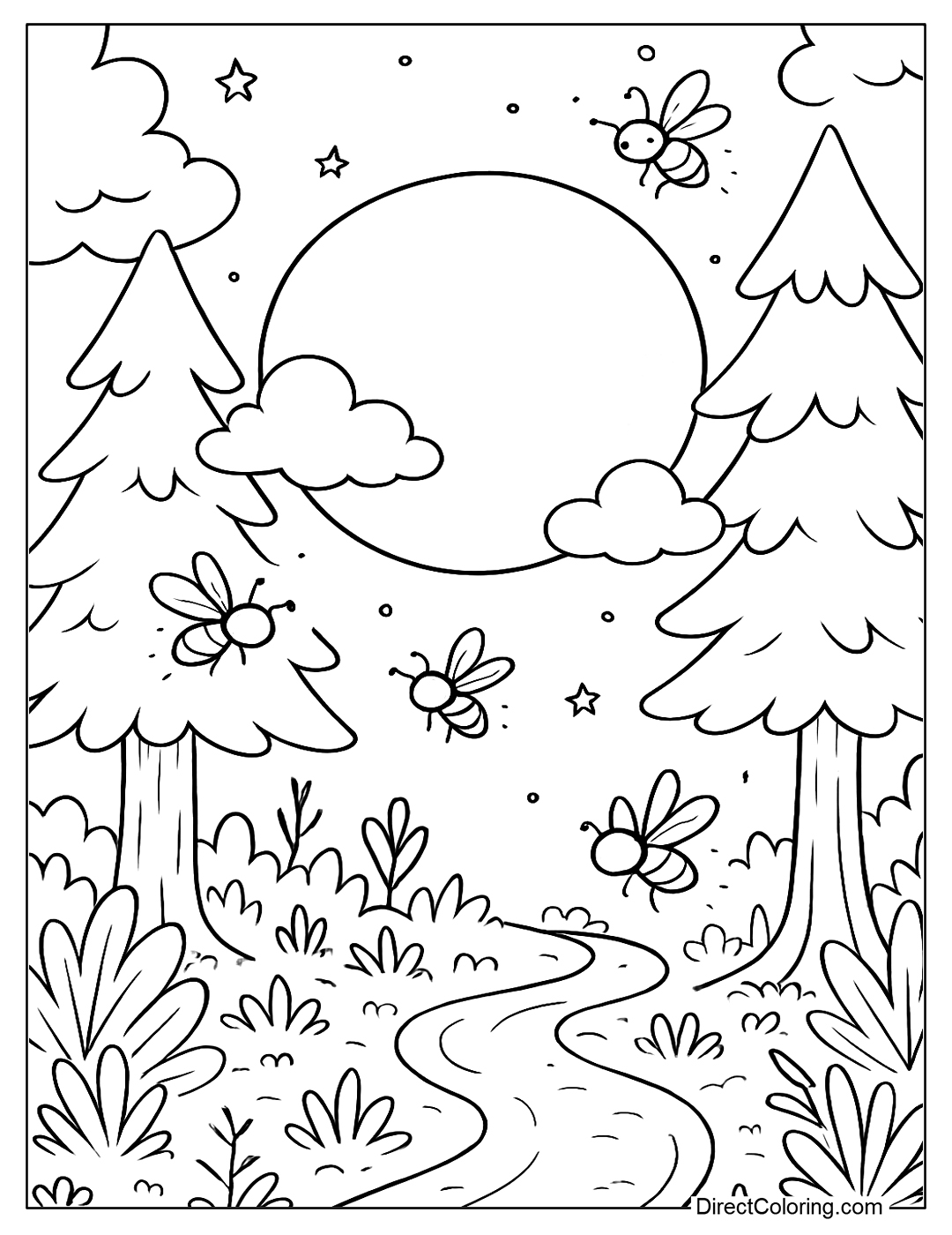 Fireflies flying around the moon in the dark forest, sparkling light